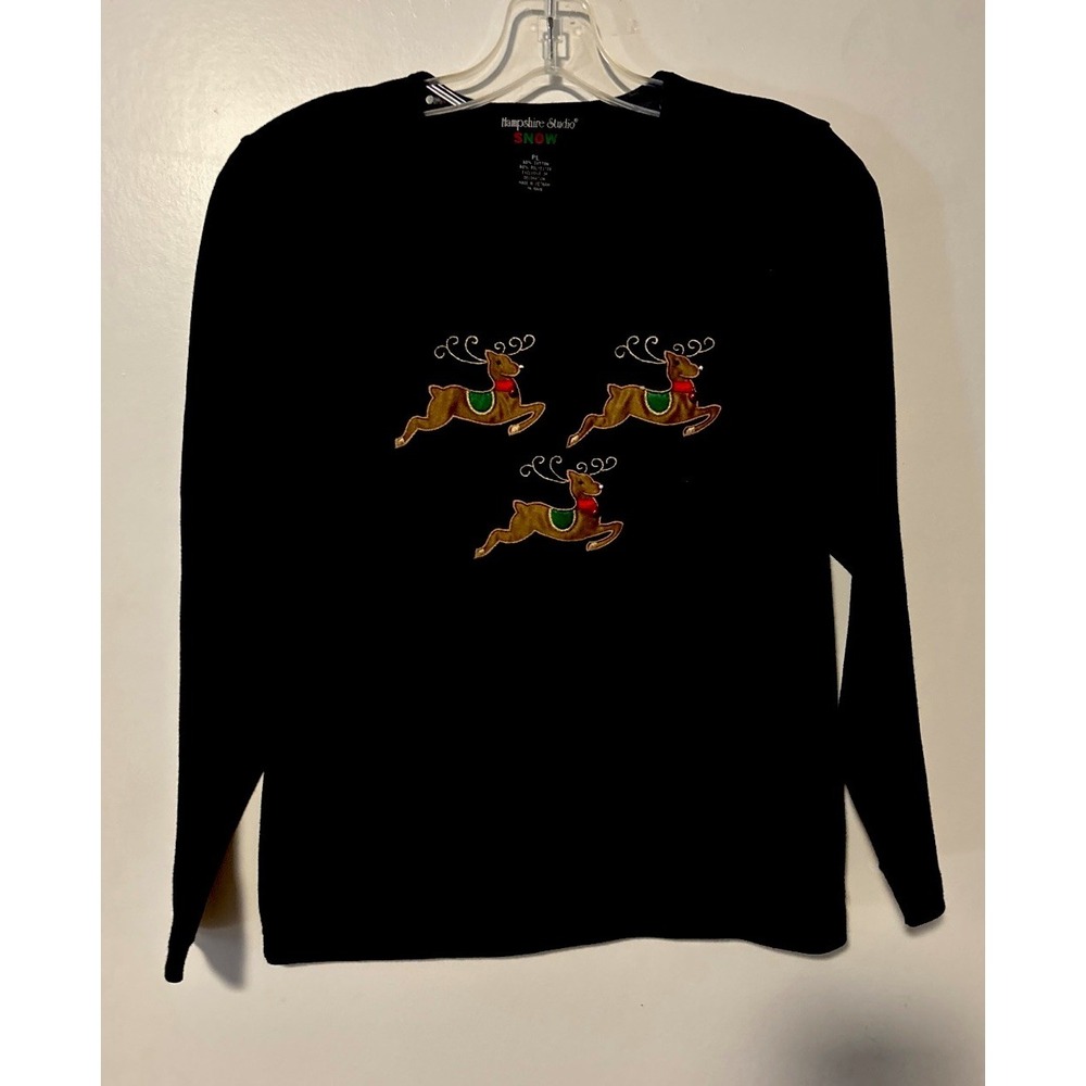 Hampshire Studio Ugly Christmas Black Top Sequins Reindeer Size PL Fits Like Med